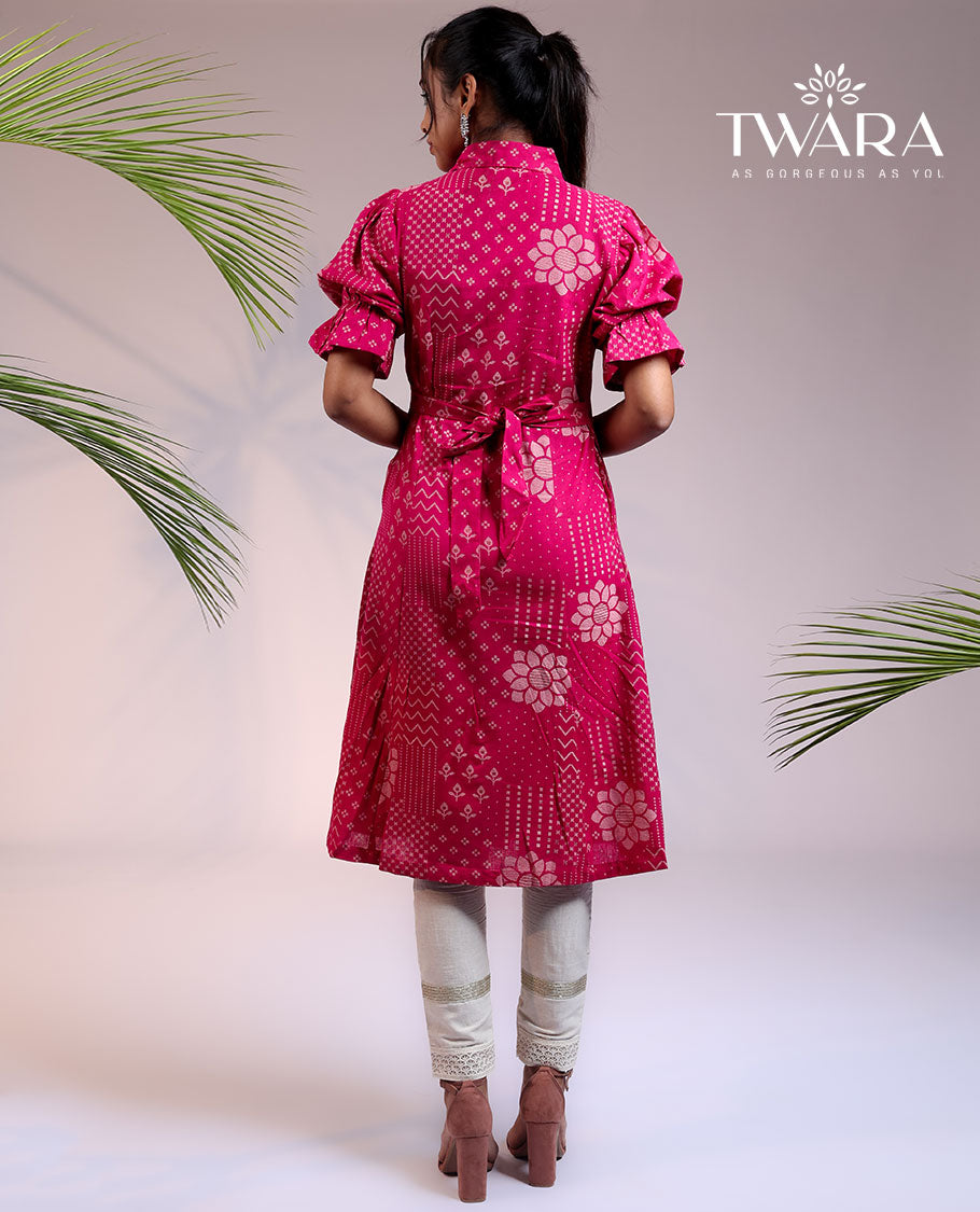 Twara pink floral & geometric designs printed puff sleeve & regular collar cotton a-line below-knee kurti