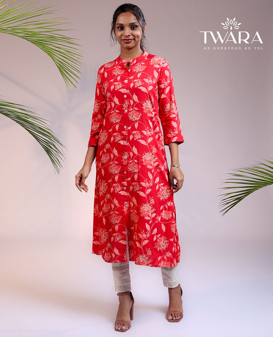 Twara red floral vine printed 3/4th sleeve & Chinese collar rayon straight-cut below-knee kurti