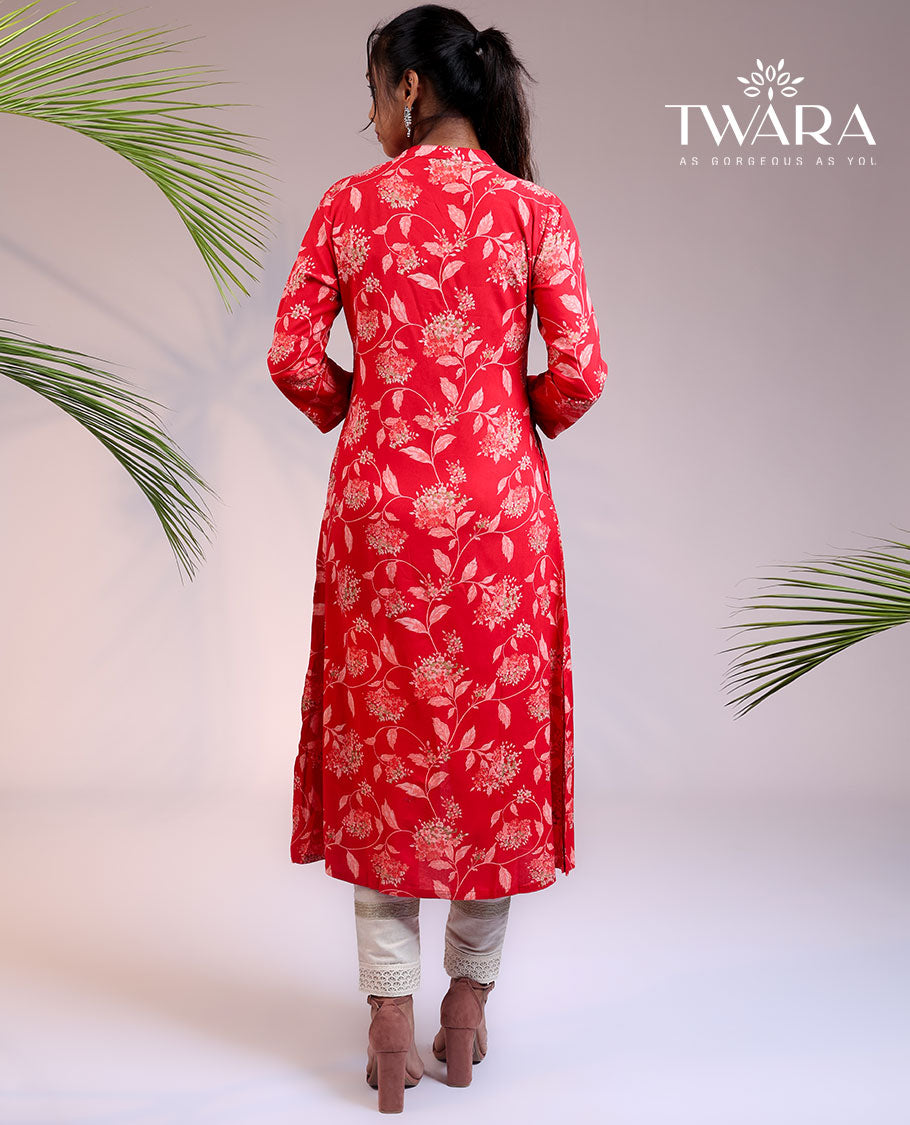 Twara red floral vine printed 3/4th sleeve & Chinese collar rayon straight-cut below-knee kurti