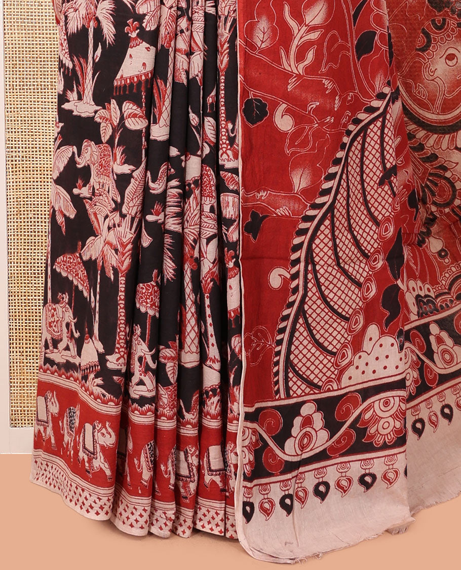 Black Kalamkari Cotton Saree, Ornamented with Animal Themed Print, Contrast Printed Border, Kalamkari Animal Motifs Pallu, and a Contrast Blouse