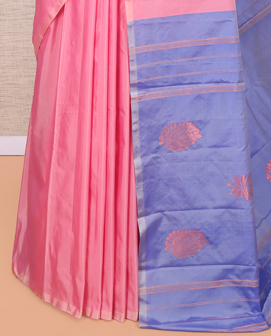 Borderless Pink Zari Buttas Woven Arani Saree, a Contrast Pallu of Buttas and Stripes, and a Contrast Blouse