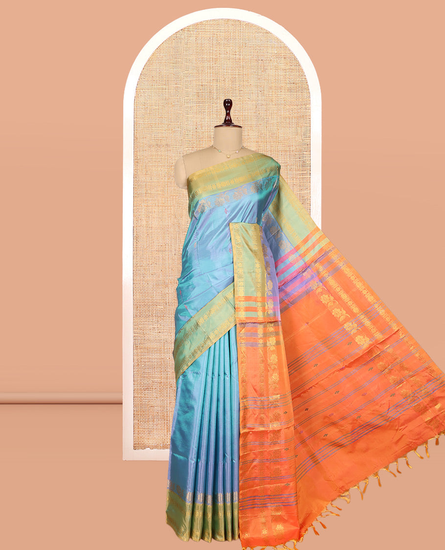 Blue Banana Pith Saree, Woven with Thread Buttas, Complemented by a Contrast Rettai Pettu Traditional Border, Pallu of Stripes and Buttas, and a Contrast Blouse
