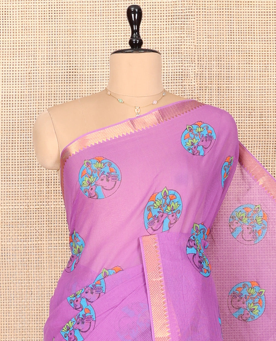 Purple Andhra Cotton Saree, Subtly Enriched with Pichwai Cow Buttas, Highlighted by a Temple Zari Border, Striped Pallu, and a Contrast Blouse