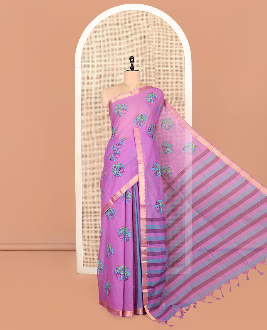 Purple Andhra Cotton Saree, Subtly Enriched with Pichwai Cow Buttas, Highlighted by a Temple Zari Border, Striped Pallu, and a Contrast Blouse