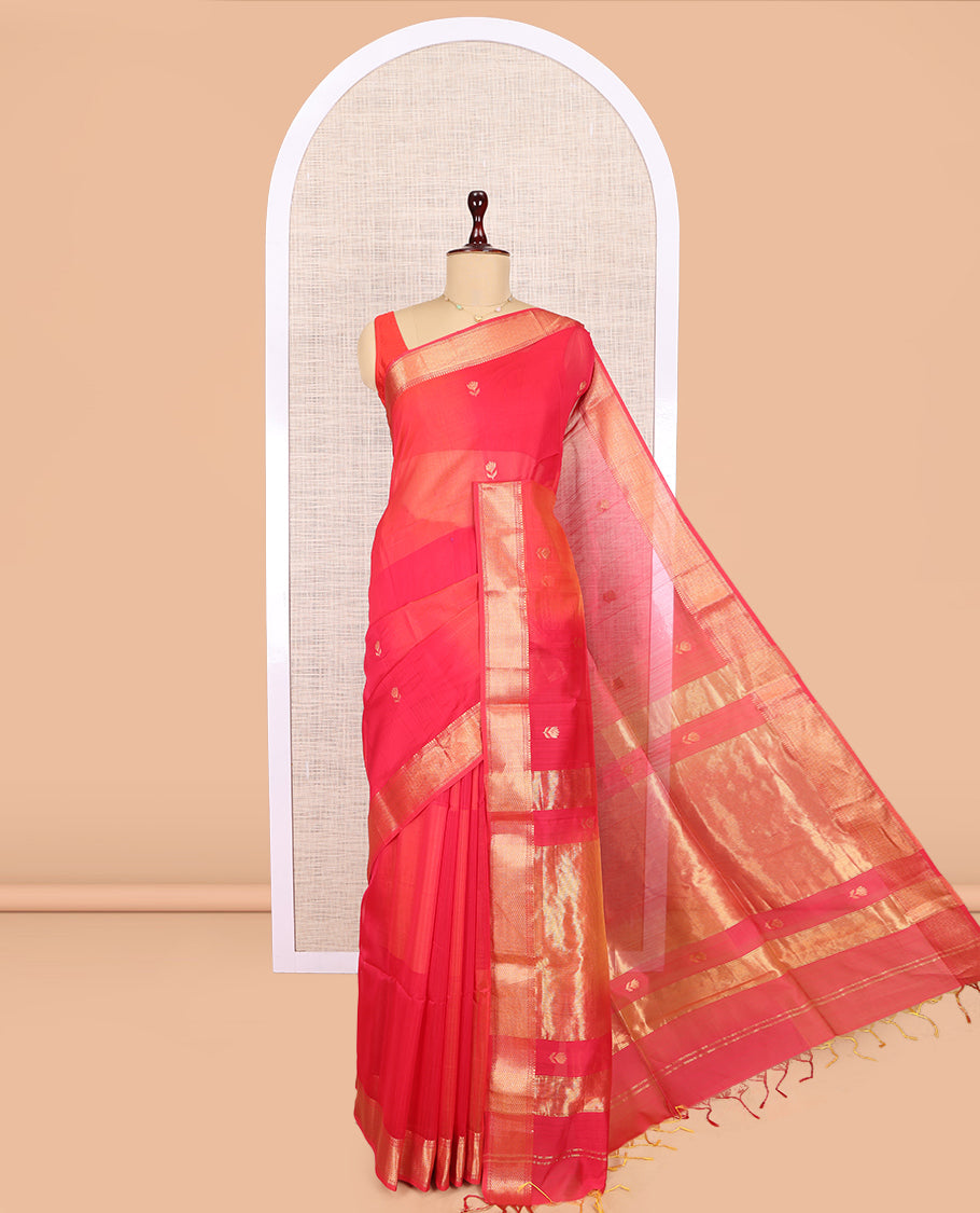 Pink Maheshwari Cotton Saree, Embellished with Buttas, Highlighted by a Traditional Zari Border, Zari Gleamed Up Pallu, and Matching Blouse