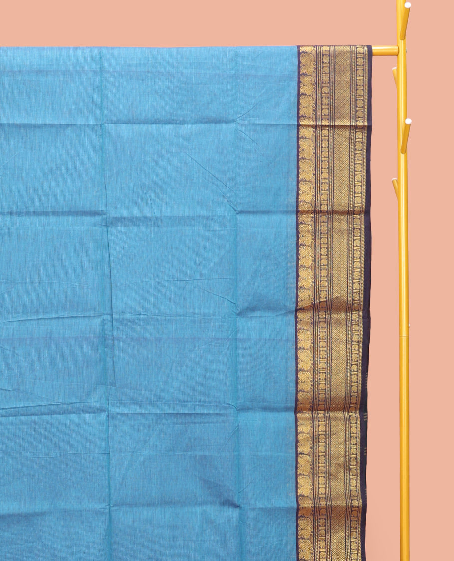 Blue Plain Chettinad Cotton Saree, Captivating by a Contrast Traditional Zari Design Woven Temple Border, Pallu of Stripes, and Paired with a Matching Blouse