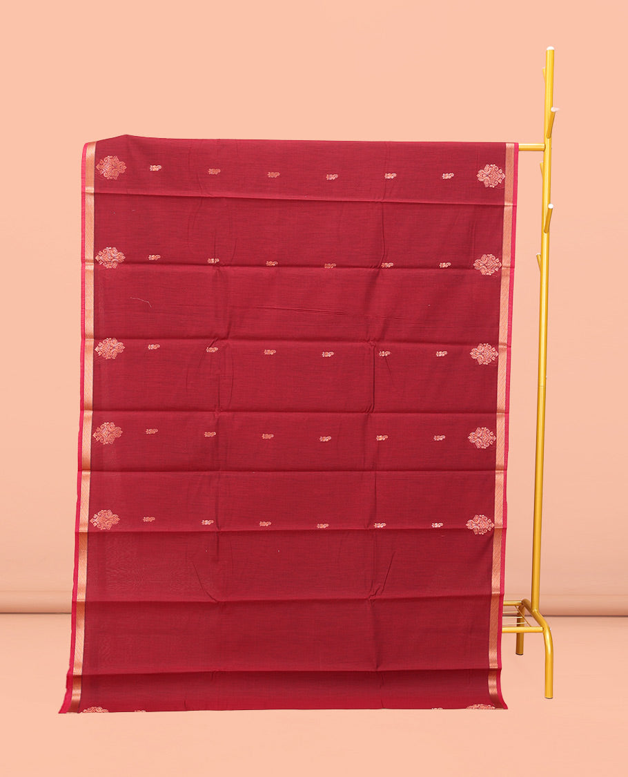 Crimson Red Semi-Silk Cotton Saree, Enriched with Zari Buttas All Over Its Body, a Subtle Zari Piping Border, Complemented by Contrast Pallu of Peacock Butta Enclosed Checked Design, and Paired with a Contrast Blouse