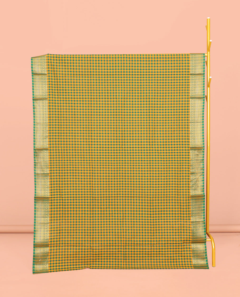 Yellow-Green Chettinad Cotton Saree, Features Micro-Checks, Highlighted by Traditional Zari Border, Striped Pallu, and No Blouse