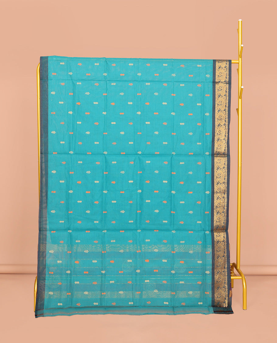 Blue Venkatagiri Cotton Saree, Adorned with Buttas, a Contrast Peacock Zari Border, Pallu of Buttas and Stripes, and No Blouse