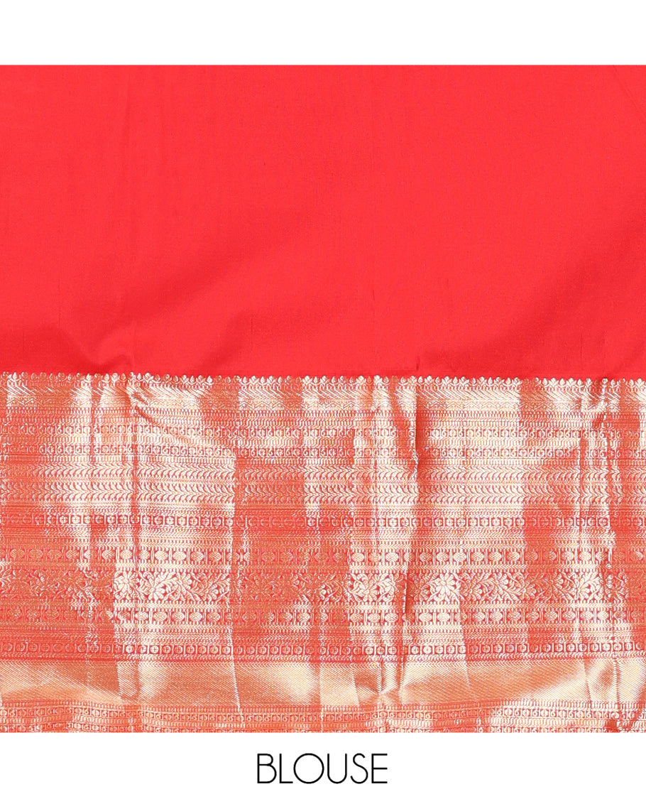 Red Floral Jacquard Budget Silk Saree, a Traditional Zari Border, Jaal Pallu, and Matching Blouse