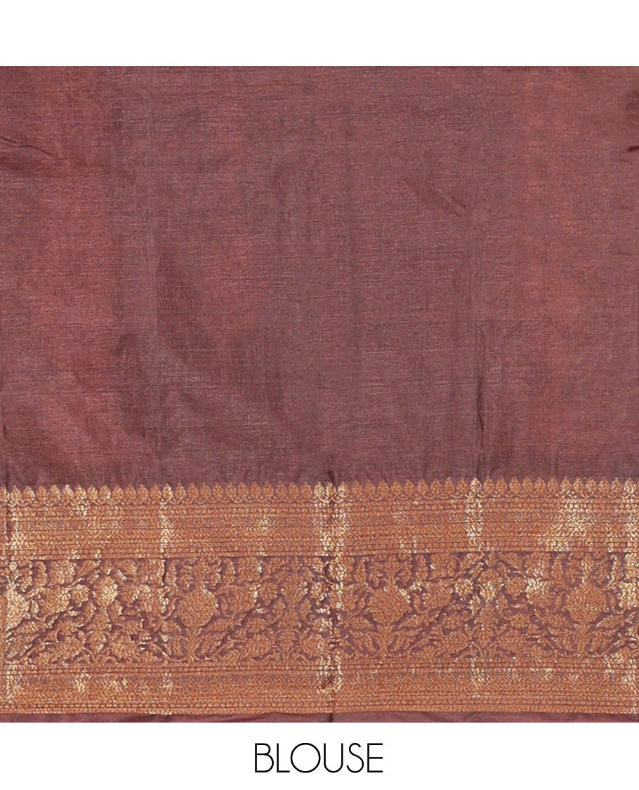 Orange Tussar Silk Saree Features Zari Designs, Complemented by a Contrast Floral Zari Border, Intricately Designed Pallu, and a Contrast Blouse