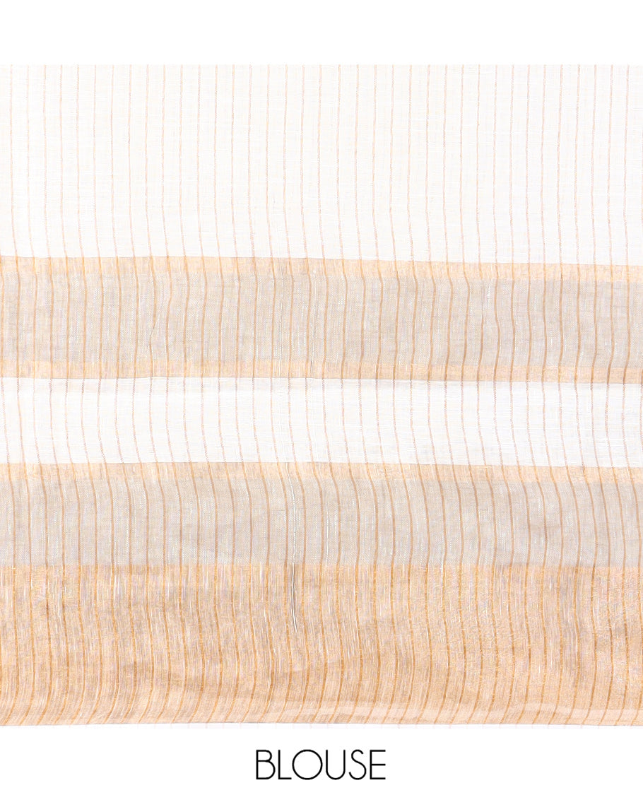 Cream Plain Linen Saree, a Contrast Zari Border, Zari Thick Striped Pallu, and a Matching Blouse