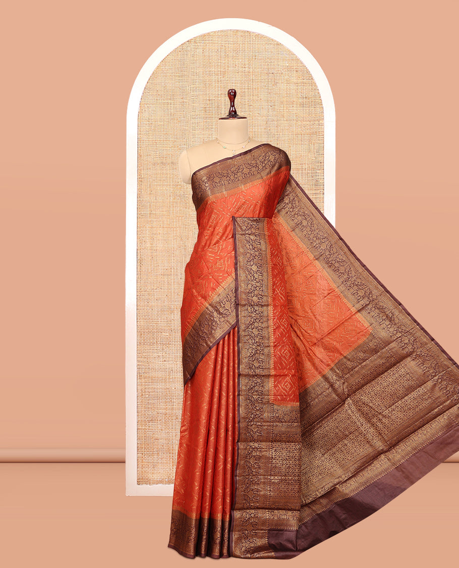 Orange Tussar Silk Saree Features Zari Designs, Complemented by a Contrast Floral Zari Border, Intricately Designed Pallu, and a Contrast Blouse