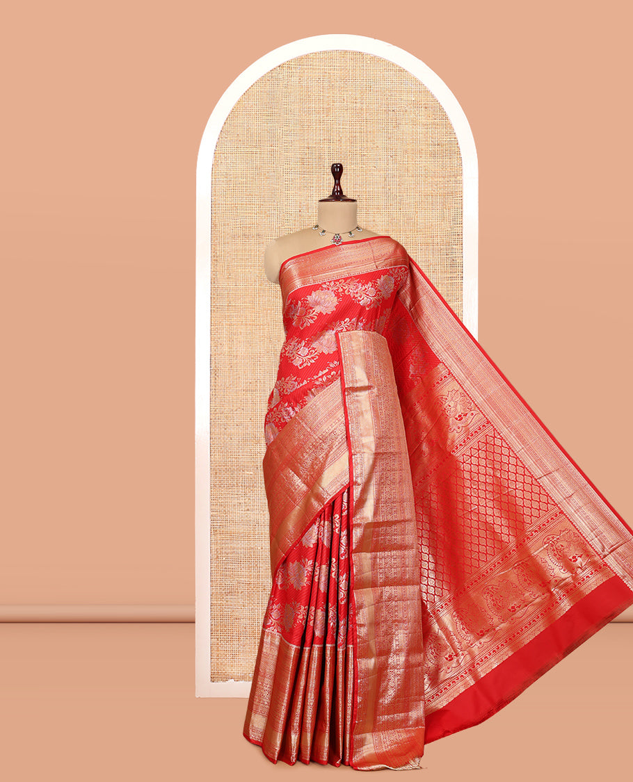 Red Floral Jacquard Budget Silk Saree, a Traditional Zari Border, Jaal Pallu, and Matching Blouse