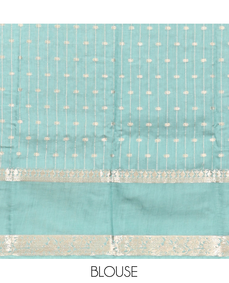 Green Assam Silk Saree, Woven with Zari Stripes, Complemented Contrast by a Traditional Zari Border, Striped Pallu, and a Contrast Blouse