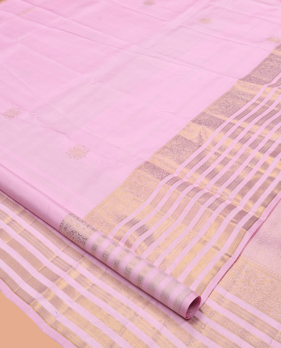 Pink Kanchipuram Silk Saree, Prettified with Zari Buttas, Highlighted by Sparsely Woven Traditional Zari Border, Grand Pallu, and Matching Blouse