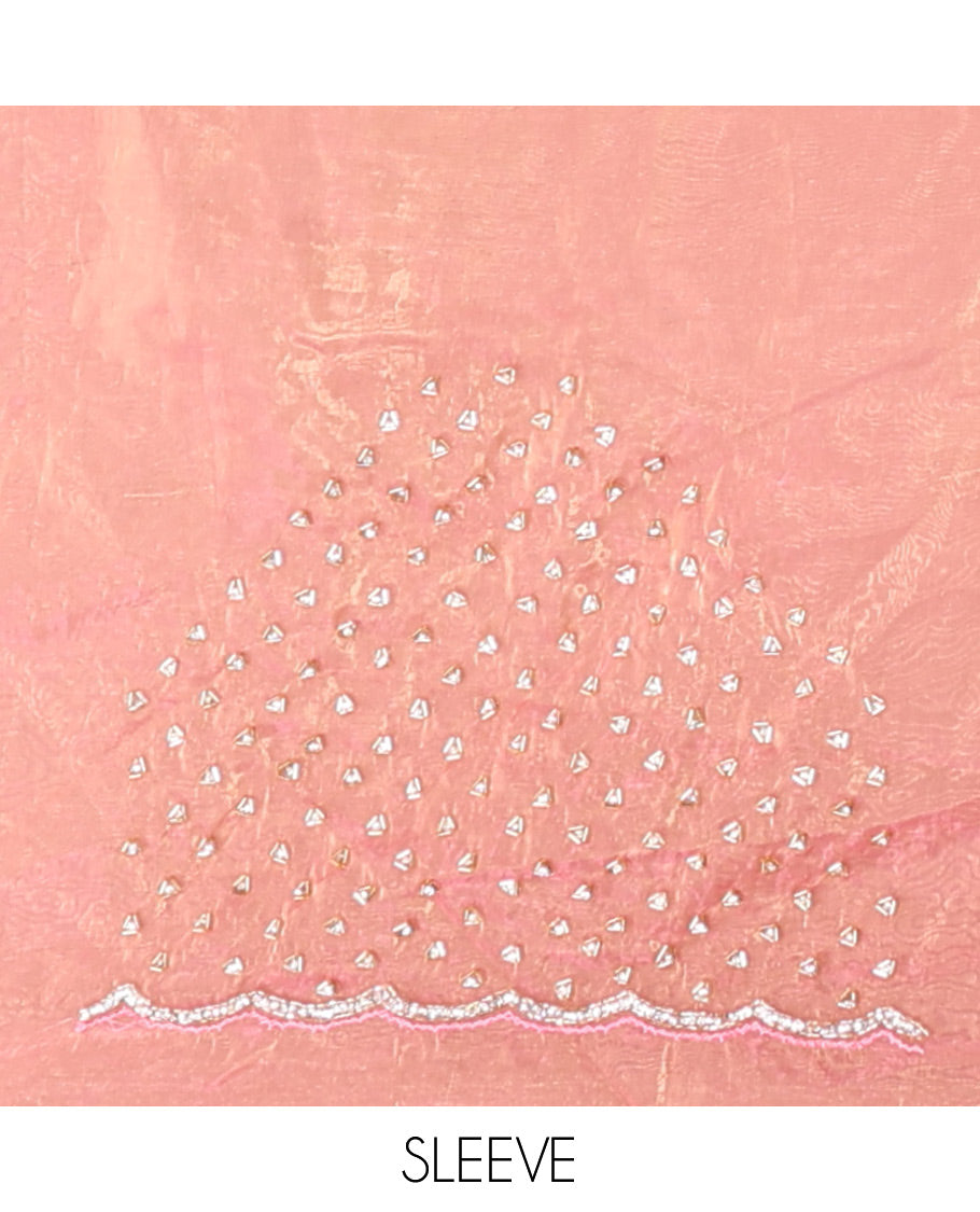 Pink Organza Glass Tissue Saree With Stonework, a Scallop Border, and a Matching Blouse