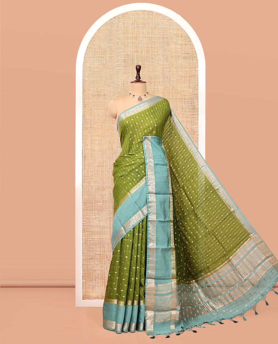 Green Assam Silk Saree, Woven with Zari Stripes, Complemented Contrast by a Traditional Zari Border, Striped Pallu, and a Contrast Blouse
