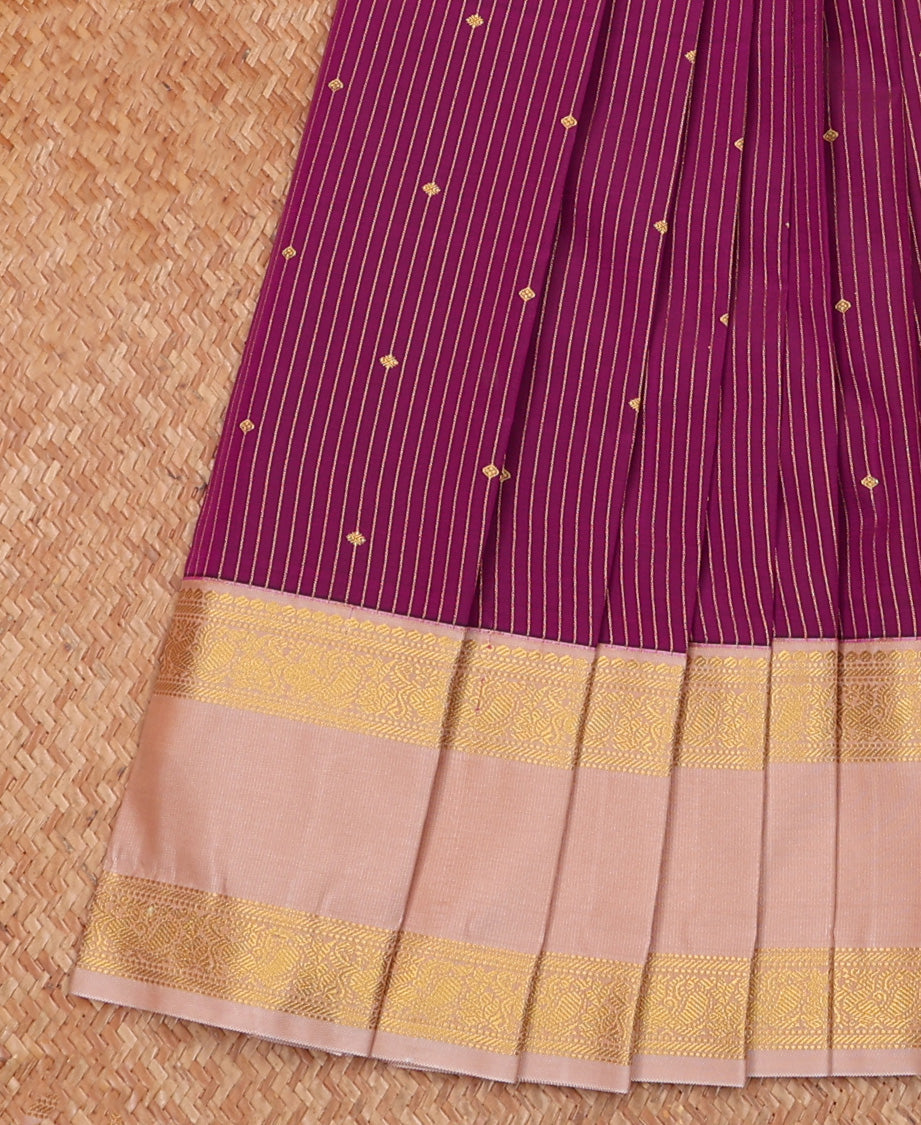 Purple Budget Silk Saree Elegantly Framed with Zari Buttas and Stripes, Complemented by a Contrast Traditional Zari Motif Rettai Pettu Border, Decorated with Pallu of Intricate Designs, and Paired with a Contrast Blouse