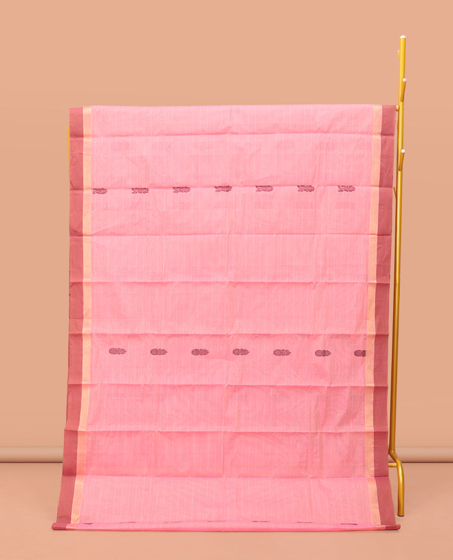 Pink Kanchi Cotton Saree, Featuring Buttas and Stripes on Its Body, Contrast Border, Pallu of Floral Design, and a Matching Blouse