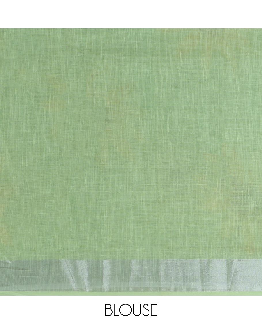 Green Linen Cotton Saree, Beautified with Sunflower Print, a Zari Border, and a Matching Blouse