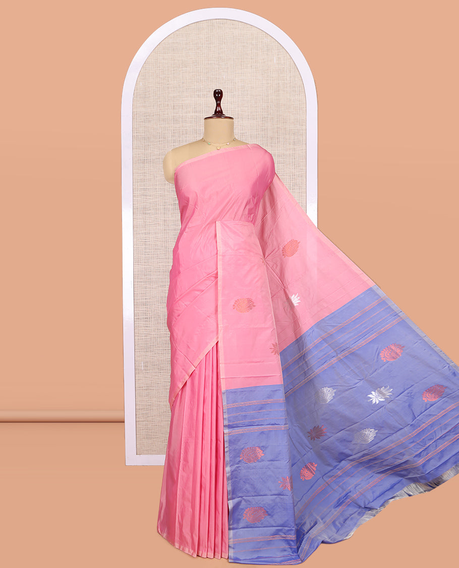 Borderless Pink Zari Buttas Woven Arani Saree, a Contrast Pallu of Buttas and Stripes, and a Contrast Blouse