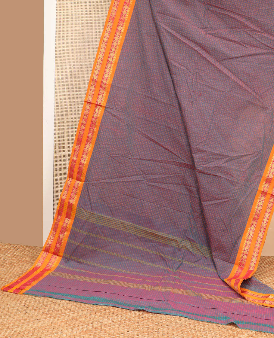 Purple checked nine yards cotton saree with traditional zari design border & checked pallu