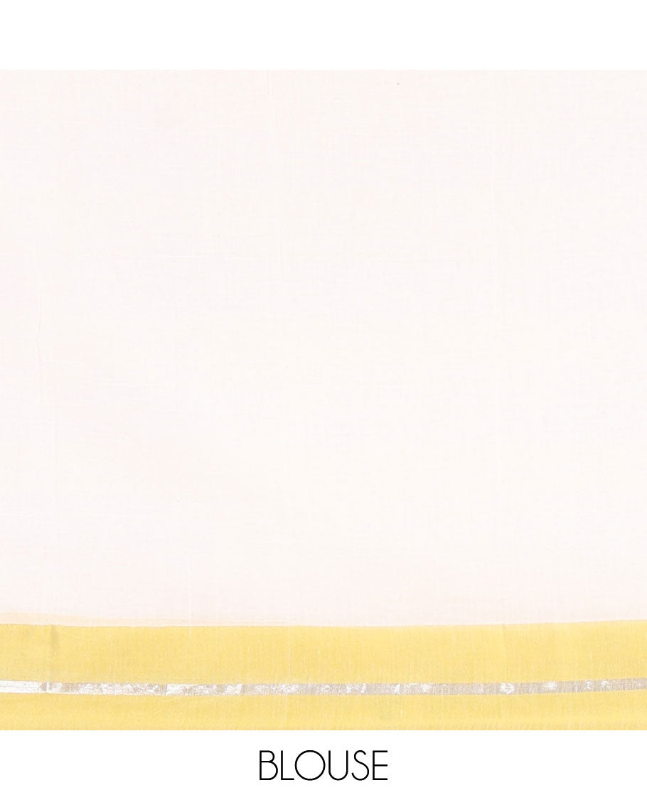 Cream and Liril Green Plain Khadi Mul Cotton Saree, Complemented by Contrast Horizontal Striped Border, Plain Pallu, and Paired with a Matching Blouse