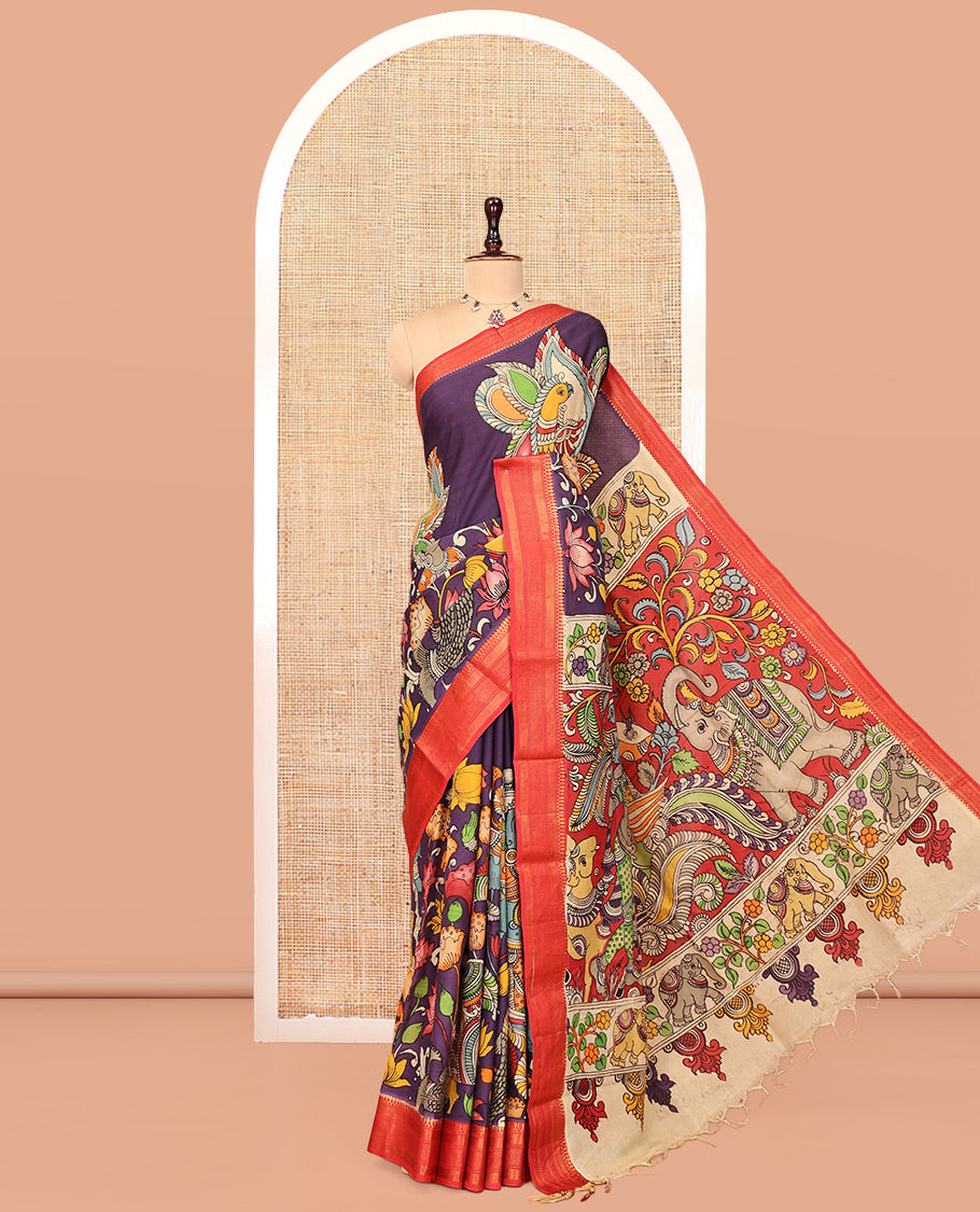 Purple Kalamkari Printed Semi-Banarasi Tussar Saree, Bedecked with Flora, Fauna, and Human Motifs, Contrast Traditional Border, Contrast Printed Pallu, and a Contrast Blouse