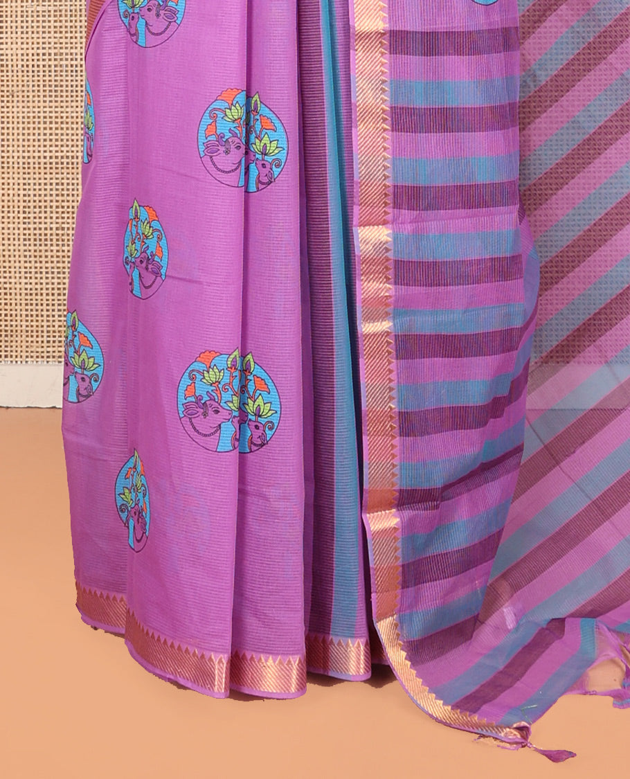 Purple Andhra Cotton Saree, Subtly Enriched with Pichwai Cow Buttas, Highlighted by a Temple Zari Border, Striped Pallu, and a Contrast Blouse