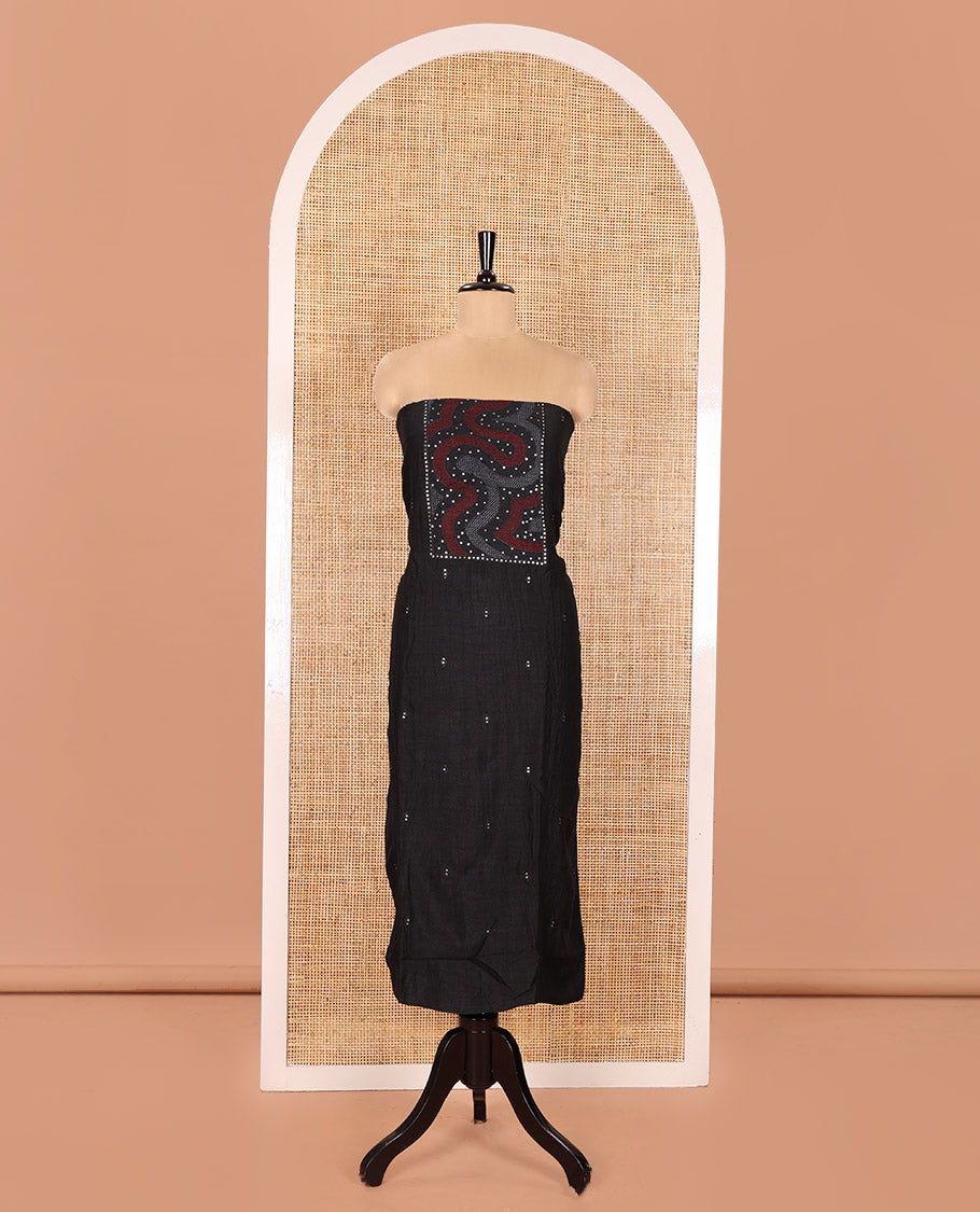 Black and Red Material Chudidhar Set Embellished with Patch Neck and Sequins Embroidered Vichitra Silk Top, Plain Santoon Bottom, and Vichitra Silk Abstract Printed Dupatta