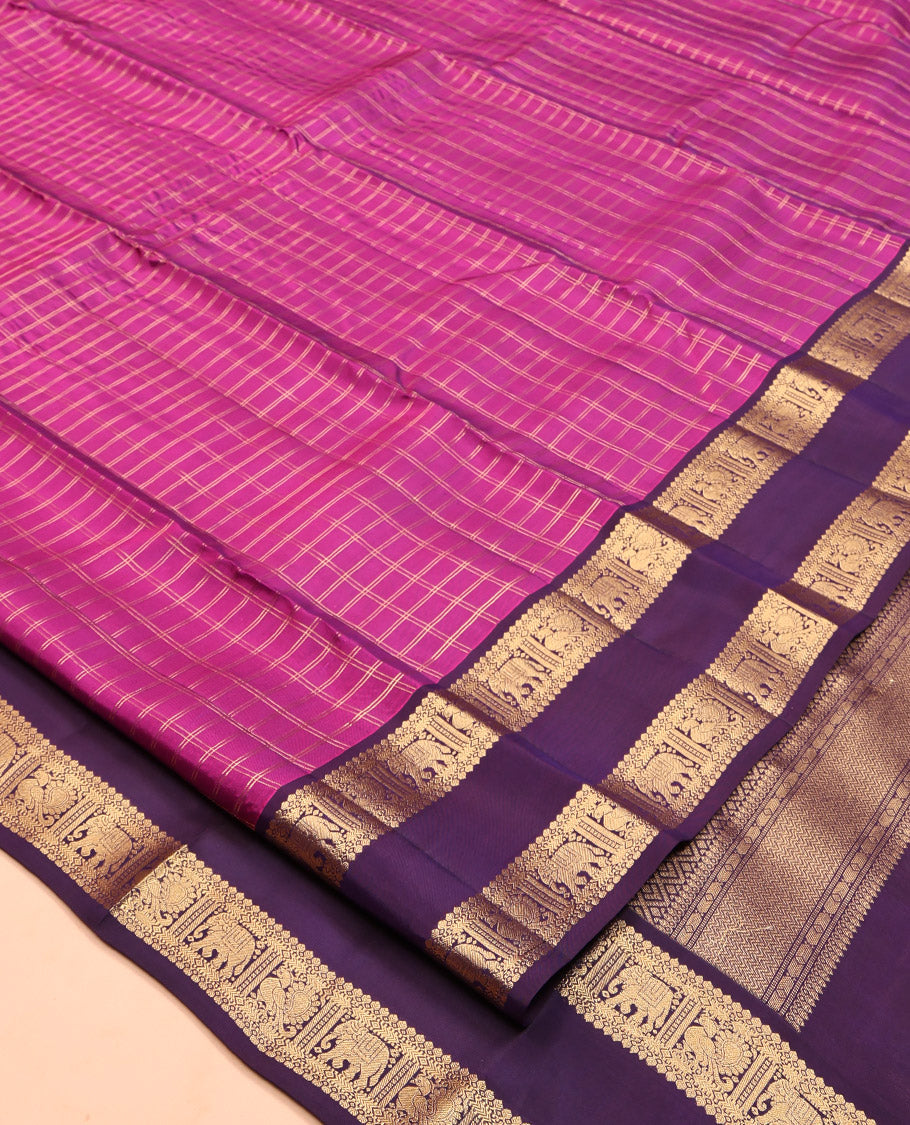 Pink Vasundhara Lite Silk Mix Saree, Woven with Zari Checks, Complemented by a Contrast Rettai Pettu Border of Thilakam Mokku, Yaanai, and Mayil, Jaal Pallu, and a Contrast Blouse