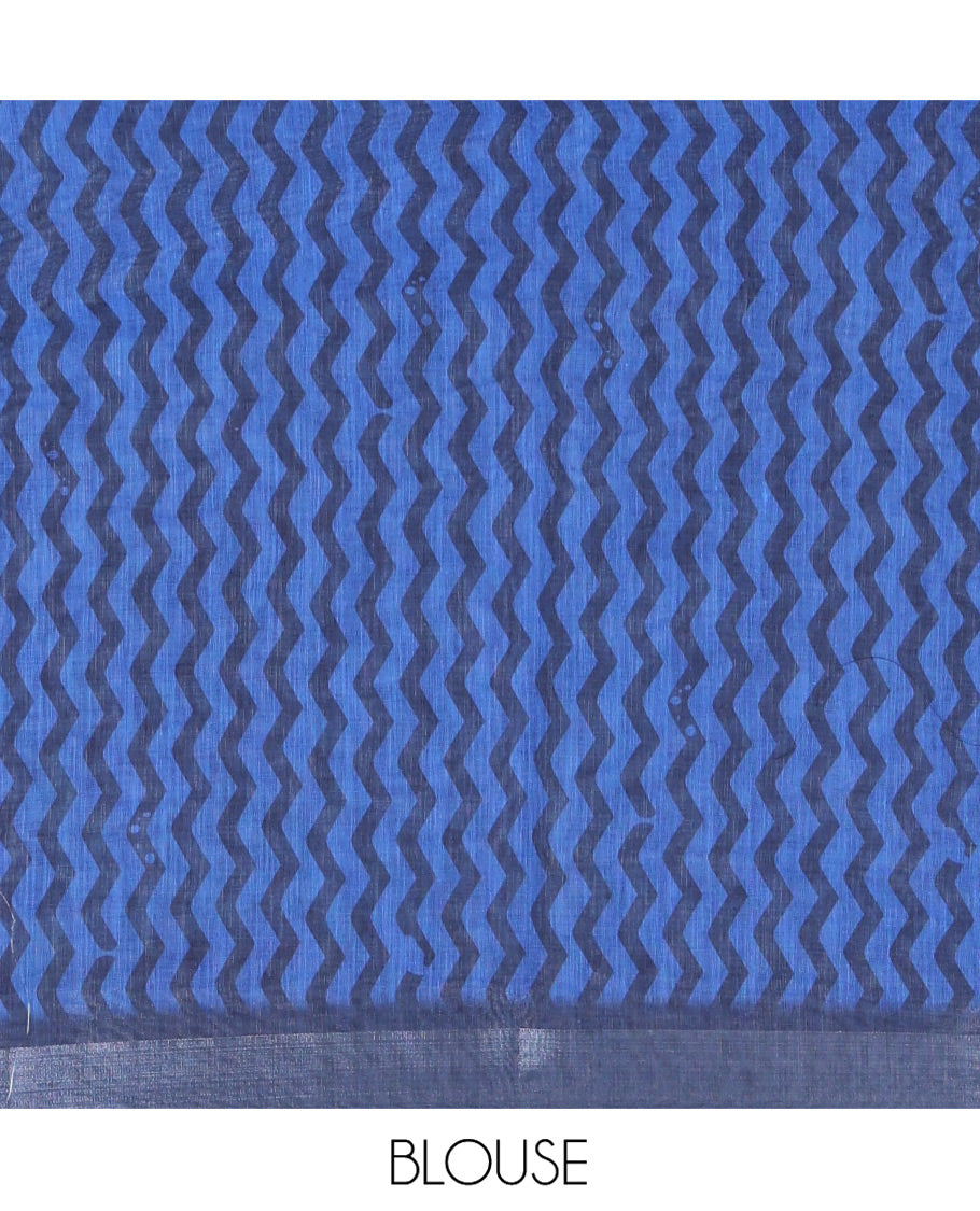 Blue Linen Cotton Saree, Bedecked with Big Checked Design Abstract Print on Its Body, a Subtle Bavanji Border, Geometric Printed Pallu, and Paired with a Matching Blouse