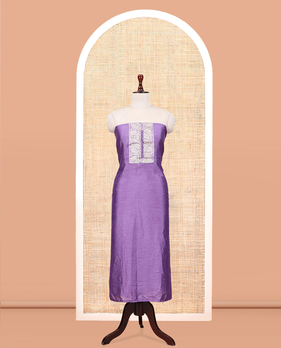Lavender Material Churidar Set Features Gold Zari Neck Work Top, a Plain Santoon Bottom, a Banarasi Dupatta