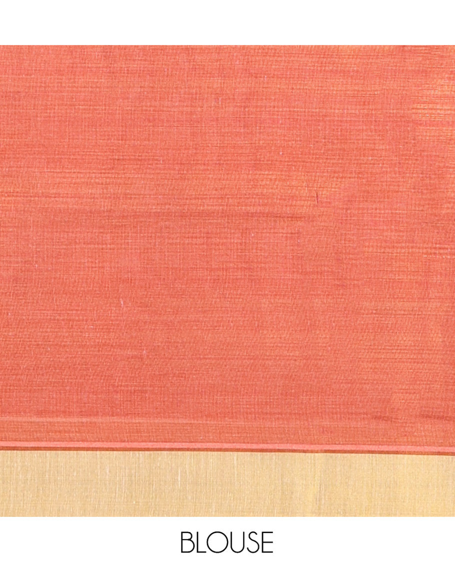 Gold Kerala Cotton Saree, Adorned with Floral Print, a Zari Border, Pallu of Bharatanatyam Girl Figurine, and a Contrast Blouse