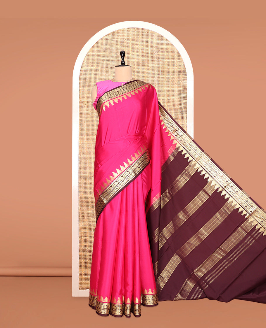 Pink Plain Mysore Silk Saree, Complemented by a Contrast Temple Peacock Zari Border, Zari Design Pallu, and a Contrast Blouse