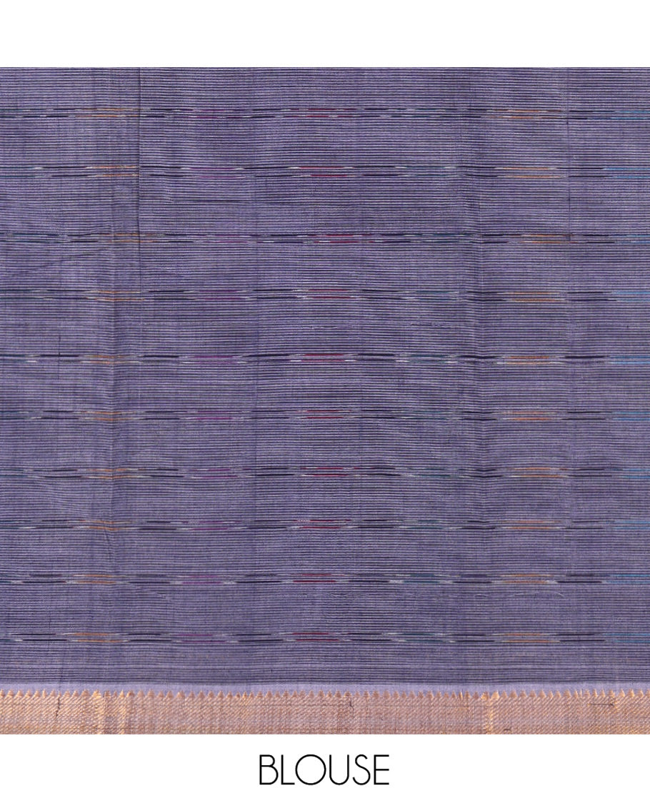 Lavender Mangalgiri Cotton Saree, Adorned with Checked Design on Its Body, Highlighted by Zari Temple Border, Zari-Striped Pallu, and Paired with a Contrast Blouse