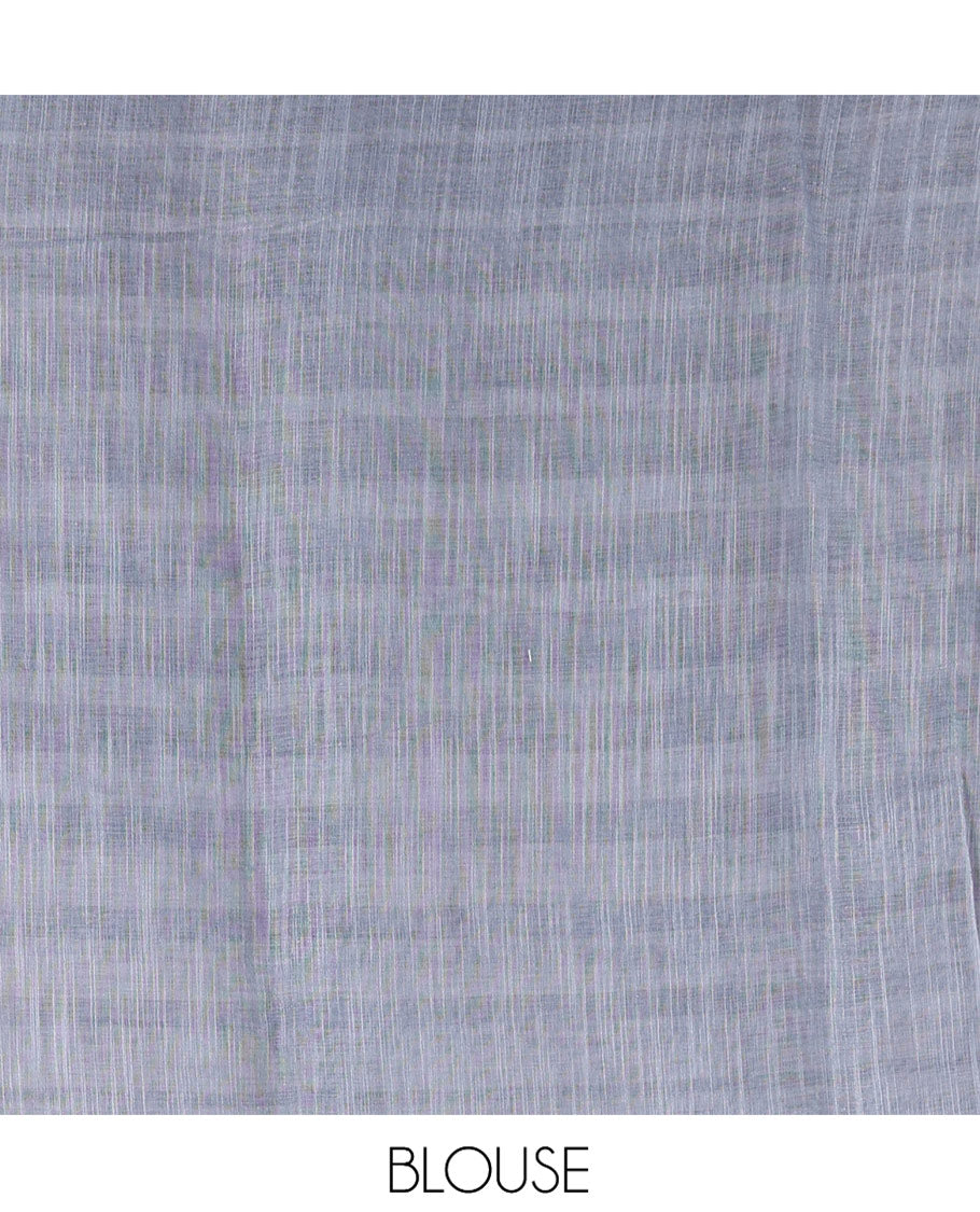 Borderless Grey Linen Cotton Saree Features Stripes, Floral Print, Striped Pallu, and a Matching Blouse