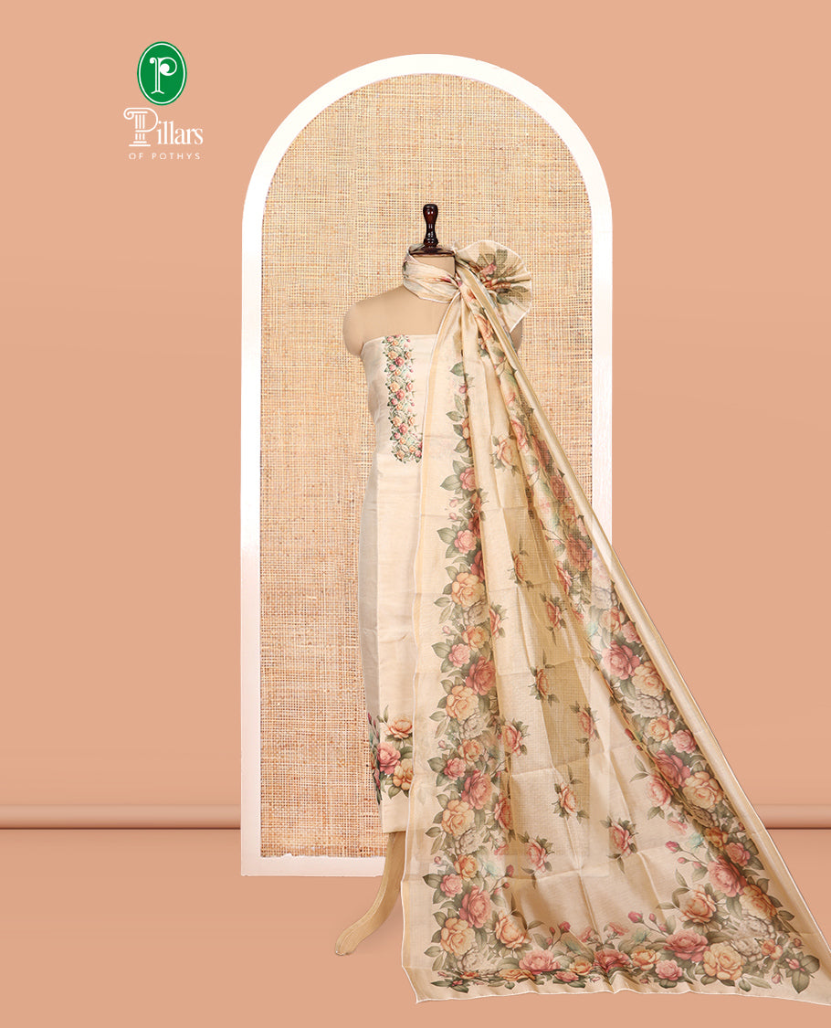 Gold-Chikku Tissue Material Churidar, Elevated with Rose Floral Printed Top, a Contrast Bottom, a Floral Printed Dupatta