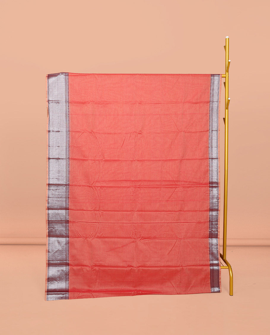 Peach Plain Narayanpet Cotton Saree, Complemented by a Contrast Traditional Design Border, Striped Pallu, and Comes Without a Blouse