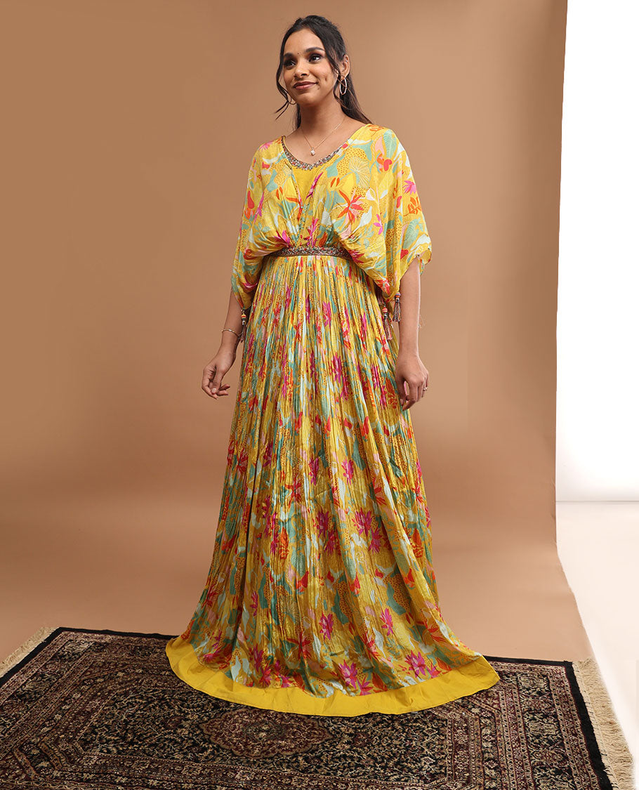 Yellow floral design v neck, elbow sleeve, floor length top