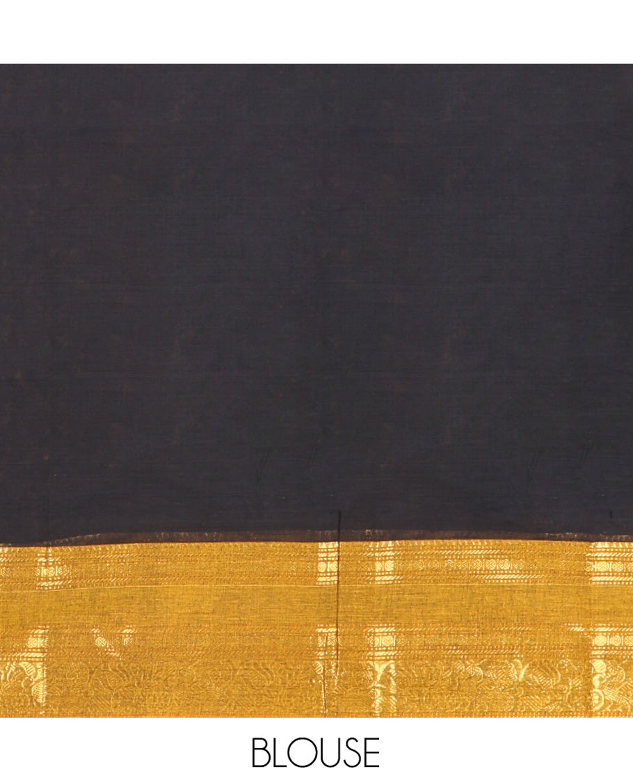 Black Chettinad Cotton Saree, Adorned with Buttas All Over Its Body, Complemented by a Contrast Traditional Zari Rettai Pettu Border, Pallu of Stripes and Buttas, and Paired with a Matching Blouse