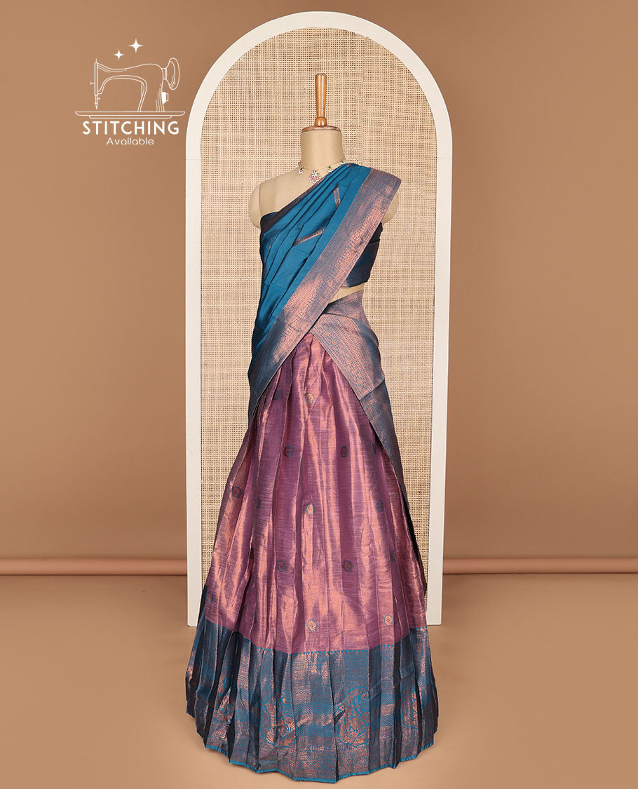 Violet floral design banaras half saree with contrast zari design border , zari design blouse & floral zari design dhavani