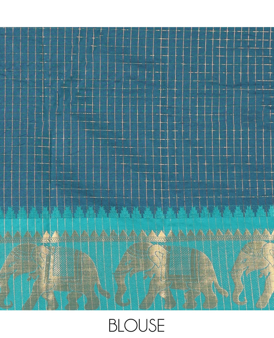 Blue Semi-Taffeta Saree, Elevated with Medium-Zari Checks All Over Its Body, Complemented by Contrast Temple Border Featuring Elephant Motifs, Contrast Checked Pallu, and Paired with a Matching Blouse