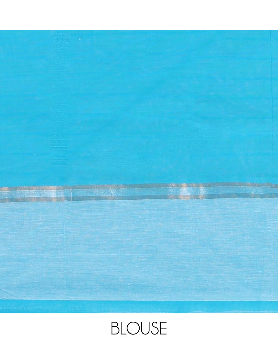 Blue- cream striped chirla cottton saree with contrast border & checked pallu