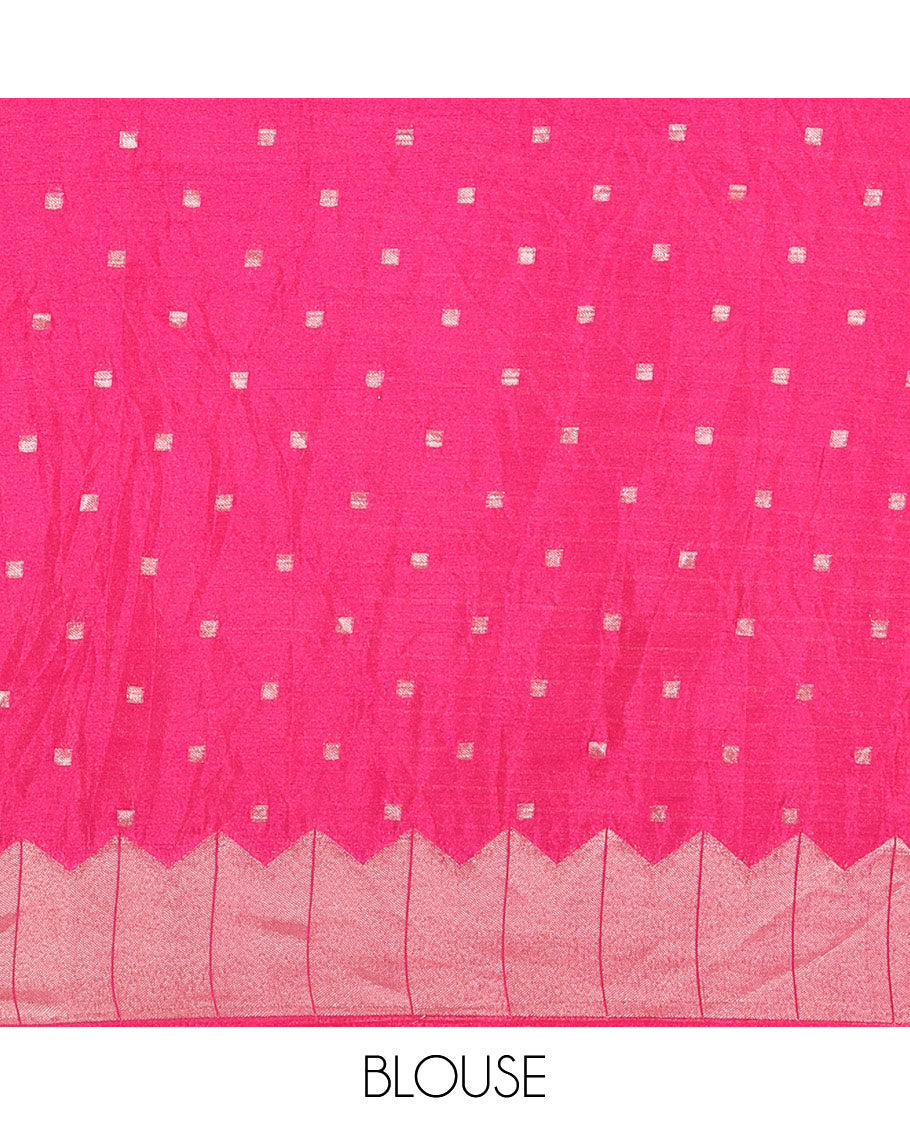 Rani pink zari geometric fancy crepe saree, temple zari border, zari striped pallu, and a matching buttas woven blouse