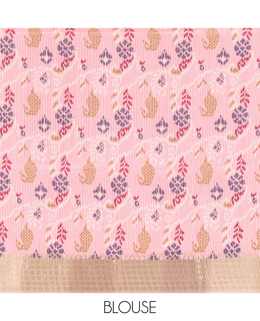 Onion Pink Plain Matka Silk Fancy Saree , Small Polka Dots Woven Temple contrast Border, Pallu Steeped with Polka Dots, and Paired with a Patola-Style Floral Printed Blouse