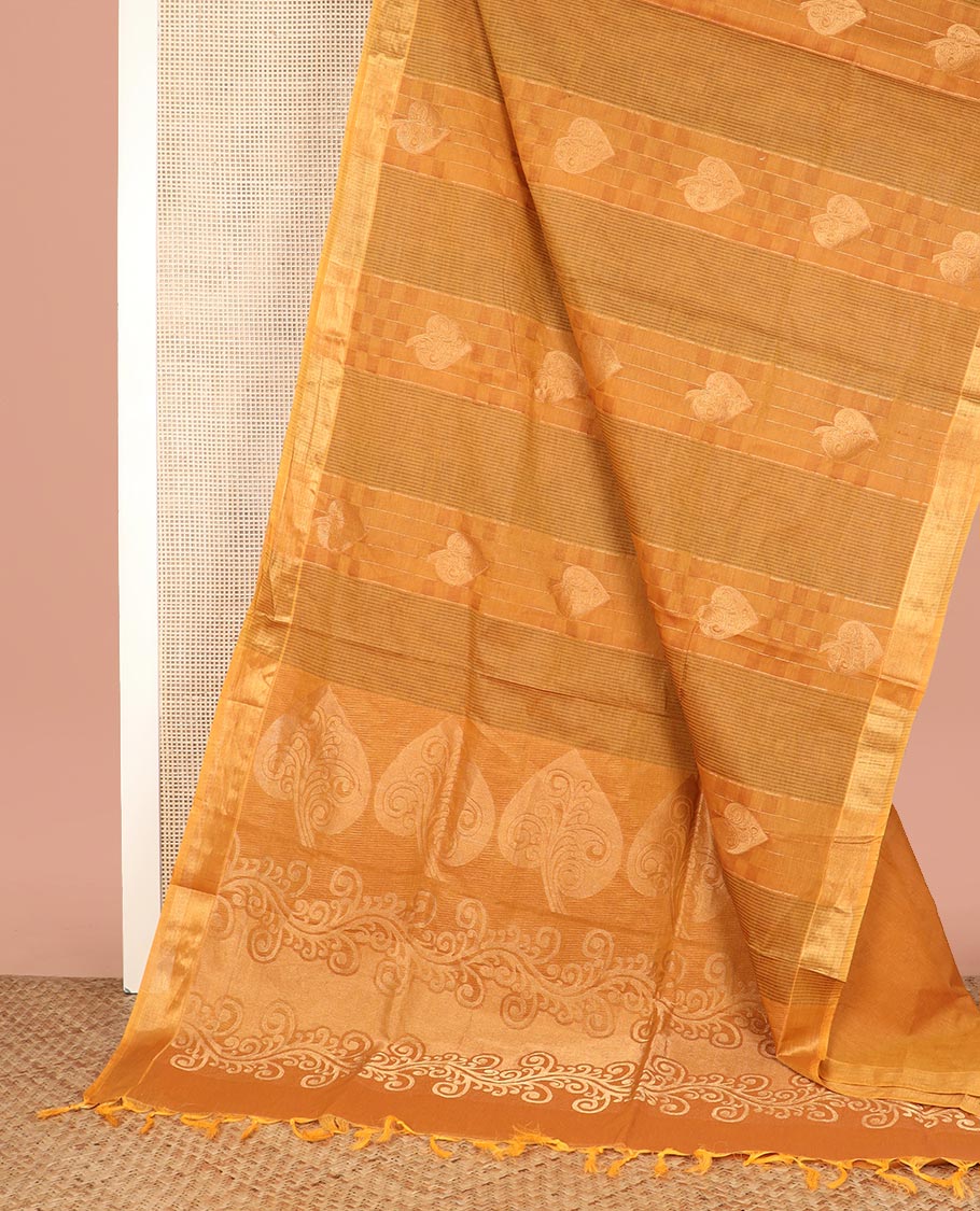 Orange Coimbatore Cotton Saree, Bedecked with Stripes, Checks, and Buttas All Over Its Body, Subtly Zari Border, Sparsely Woven Pallu of Floral-Leaf Designs, and Paired with a Matching Blouse
