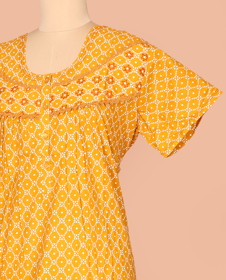 Orange Cotton Nighty Decked Up with Ogee Patterns Print, Featuring Lace Work, Round Front Neck, and Half Sleeves
