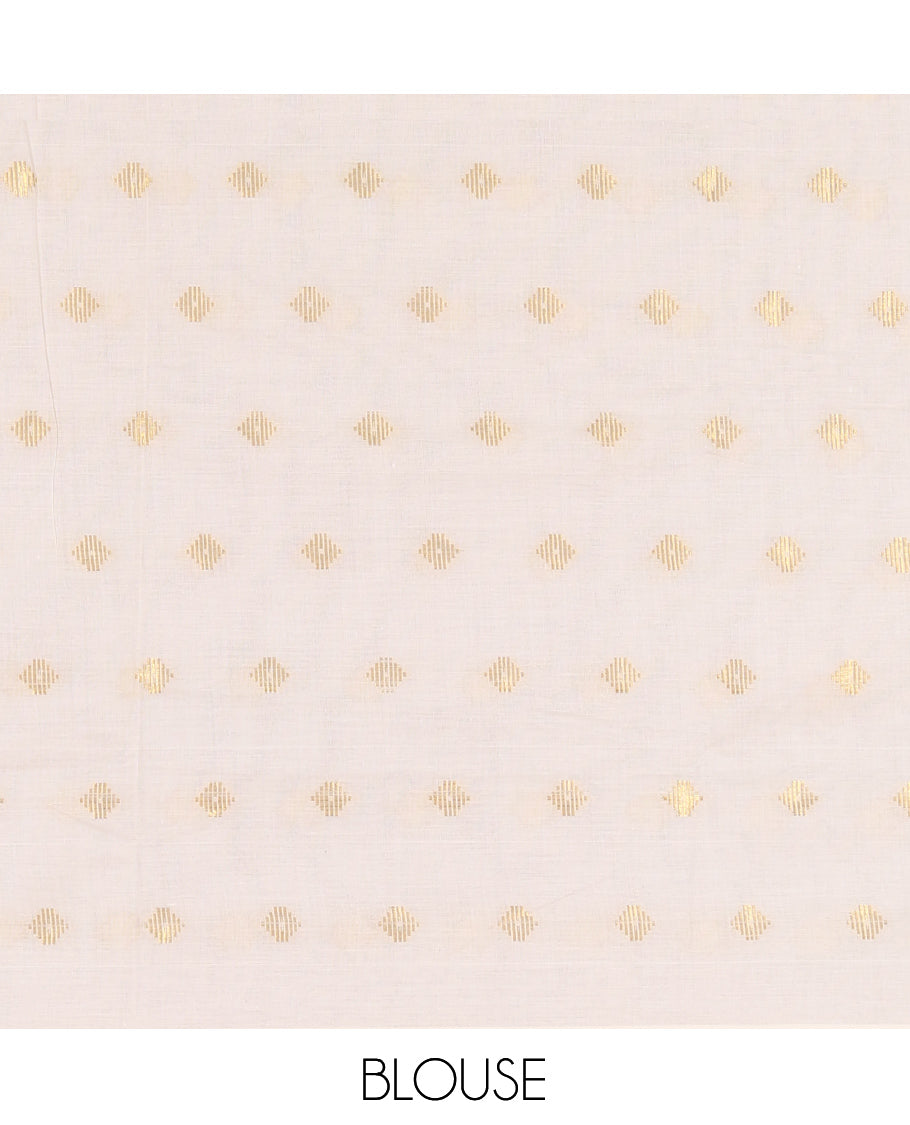 Borderless Cream Kerala Cotton Saree, Adorned with Zari Buttas, a Self-Pallu, and a Matching Blouse